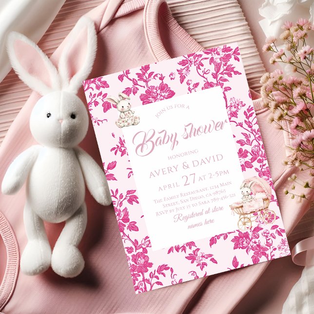 Toile de Jouy Baby Shower Dusty Rosa Nalle Inbjudningar (Skapare uppladdad)