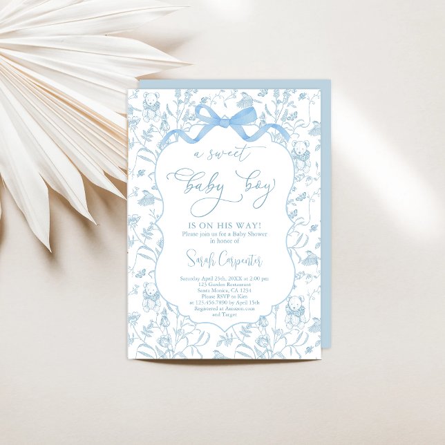 Toile De Jouy Baby Shower med Bow Boy-inbjudan Inbjudningar (Skapare uppladdad)