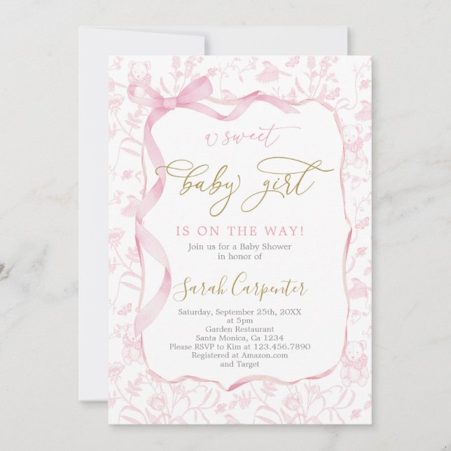 Toile De Jouy Baby Shower med Bow Girl Inbjudningar (Framsida)