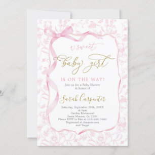 Toile De Jouy Baby Shower med Bow Girl Inbjudningar