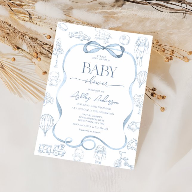 Toile De Jouy Baby Shower med pojke med slinga Inbjudningar (Skapare uppladdad)