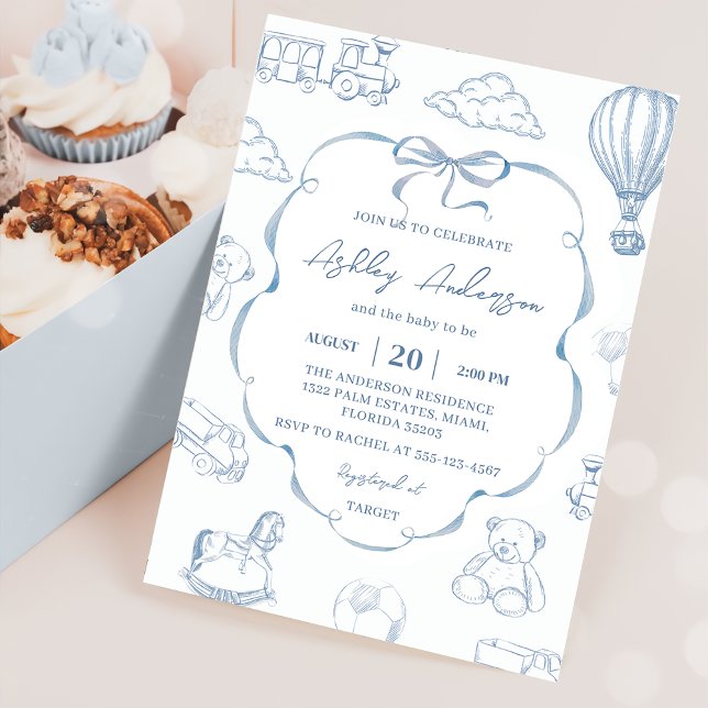 Toile De Jouy Blå Band Baby Shower-fest Inbjudningar (Skapare uppladdad)