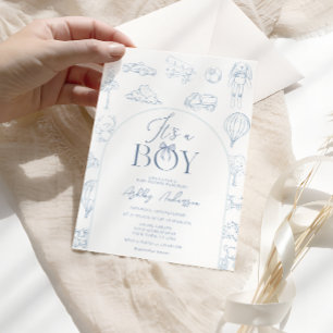 Toile De Jouy Blå Barnkammar Pojke Baby Shower Inbjudningar