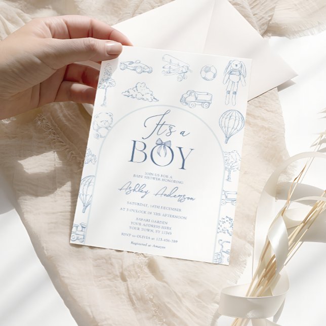 Toile De Jouy Blå Barnkammar Pojke Baby Shower  Inbjudningar (Skapare uppladdad)