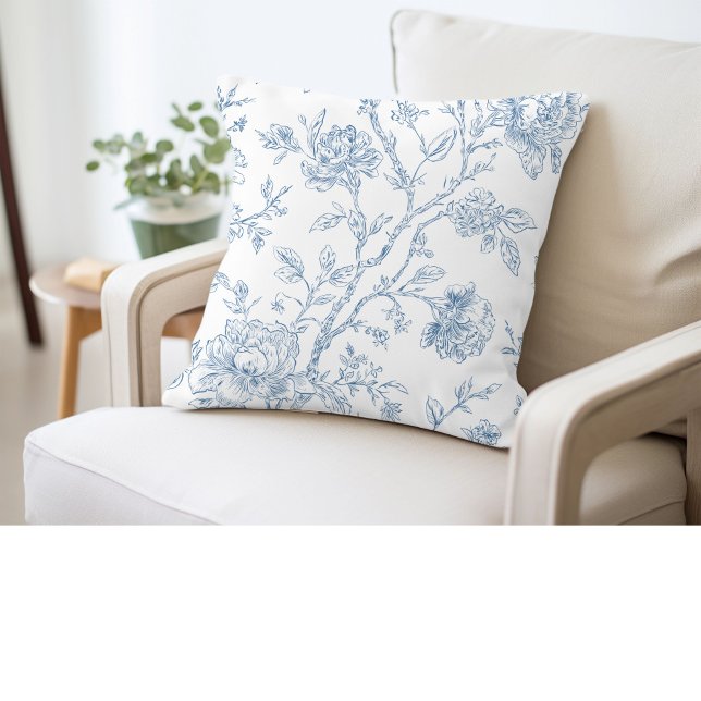 Toile de Jouy Blå Blommig Kudde (Skapare uppladdad)