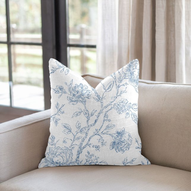 Toile de Jouy Blå Blommig Kudde (Skapare uppladdad)