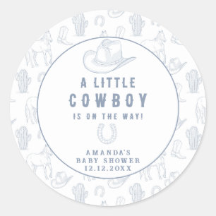 Toile de Jouy Blå Cowboy Western Baby Shower Runt Klistermärke