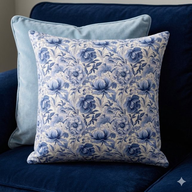 Toile de Jouy. Blå fransk toile. Kastkudde Kudde (Skapare uppladdad)