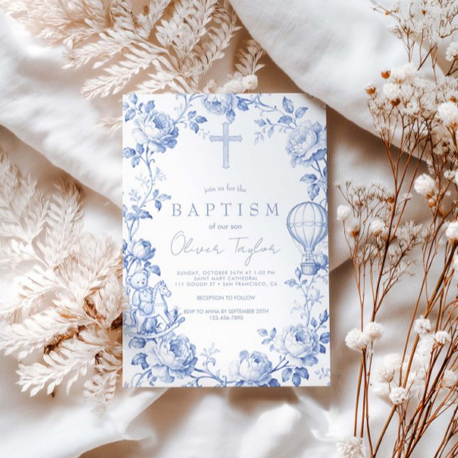 Toile De Jouy Blå  Pojke Dop Inbjudningar (Skapare uppladdad)