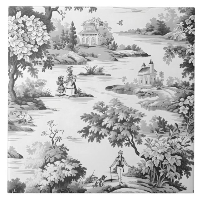 Toile de jouy, black and white,porcelain kakelplatta (Framsidan)