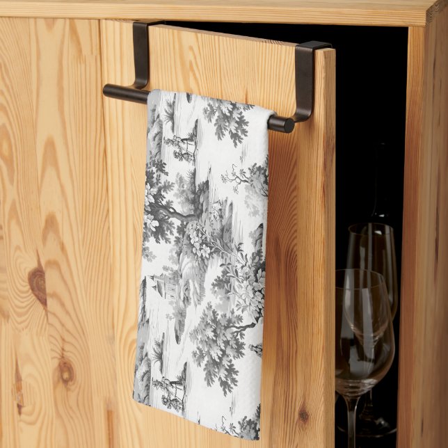 Toile de jouy, black and white,porcelain kökshandduk (Thirds Fold)