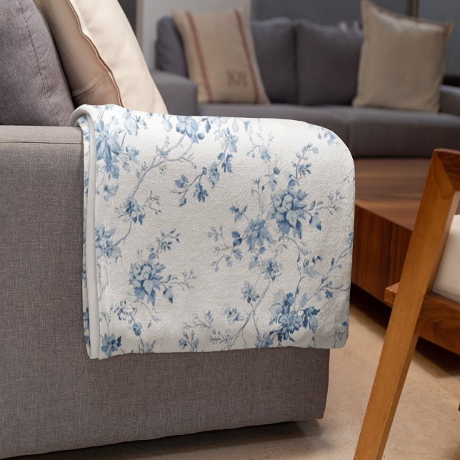 Toile De Jouy Blommig Blå Chinoiserier Mönster Fleecefilt (Toile De Jouy Floral Blue Chinoiseries Pattern Fleece Blanket (Larage))