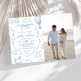 Toile De Jouy Blue Bow Baby Shower Party Photo  Inbjudningar