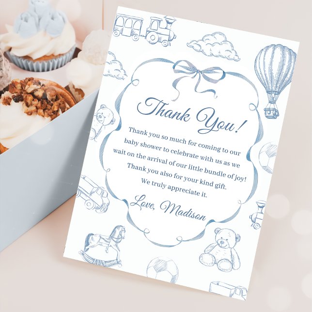 Toile De Jouy Blue Bow Baby Shower - tack för ditt Inbjudningar (Skapare uppladdad)