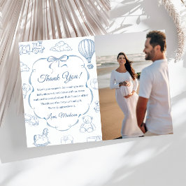 Toile De Jouy Blue Bow Baby Shower Thank You Card  Inbjudningar