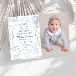 Toile De Jouy Blue Bow Birthday Party Photo Inbjudningar