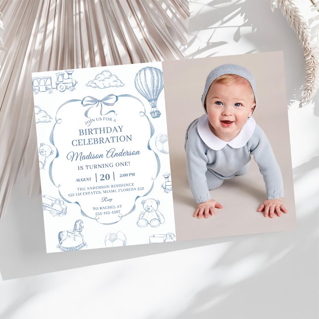 Toile De Jouy Blue Bow Birthday Party Photo Inbjudningar (Skapare uppladdad)