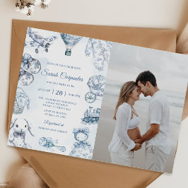 Toile De Jouy Blue Boy Baby Shower Party Photo Inbjudningar