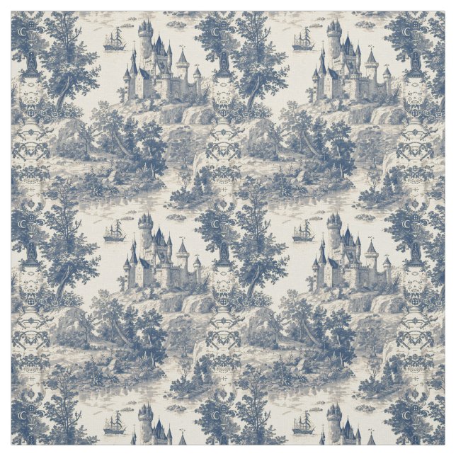 Toile de Jouy Blue Castle on Åldras Ivory Tyg (Provkarta)