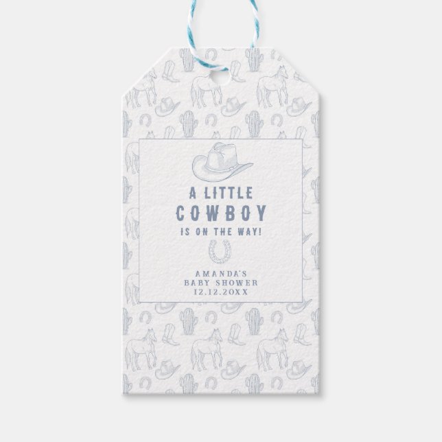 Toile de Jouy Blue Cowboys Westerna babyskor Presentetikett (Framsidan)