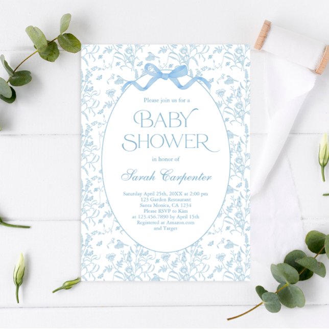 Toile De Jouy Bow Baby Shower Boy-inbjudan Inbjudningar (Skapare uppladdad)