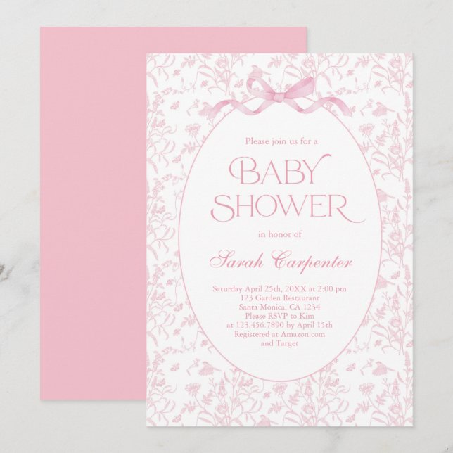 Toile De Jouy Bow Baby Shower Girl-inbjudan Inbjudningar (Fram/baksida)