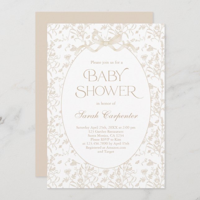 Toile De Jouy Bow Baby Shower neutralt Inbjudningar (Fram/baksida)
