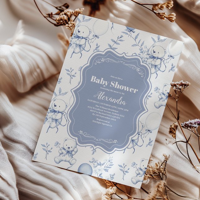 Toile De Jouy Bow Bear Baby Shower Inbjudningar (Skapare uppladdad)
