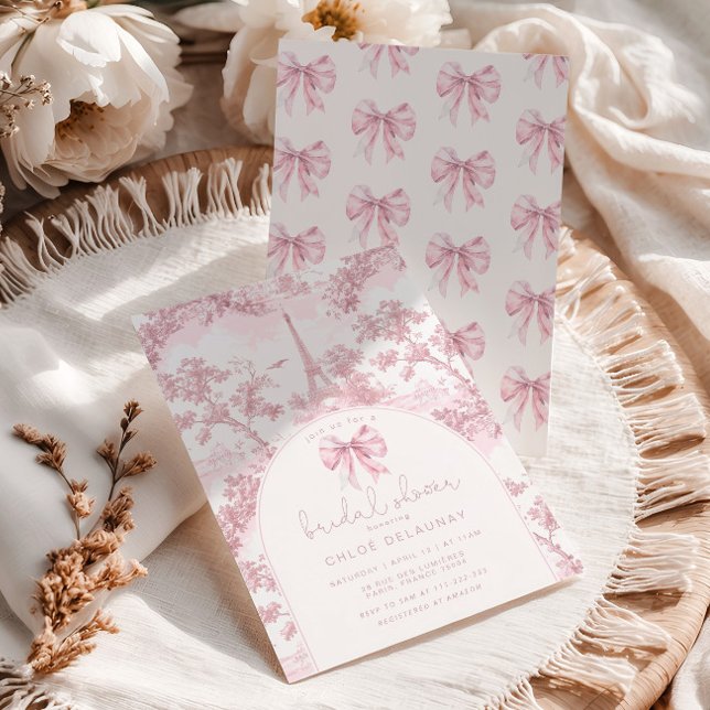Toile de Jouy Bridal shower French Pink Bow Paris Inbjudningar (Skapare uppladdad)