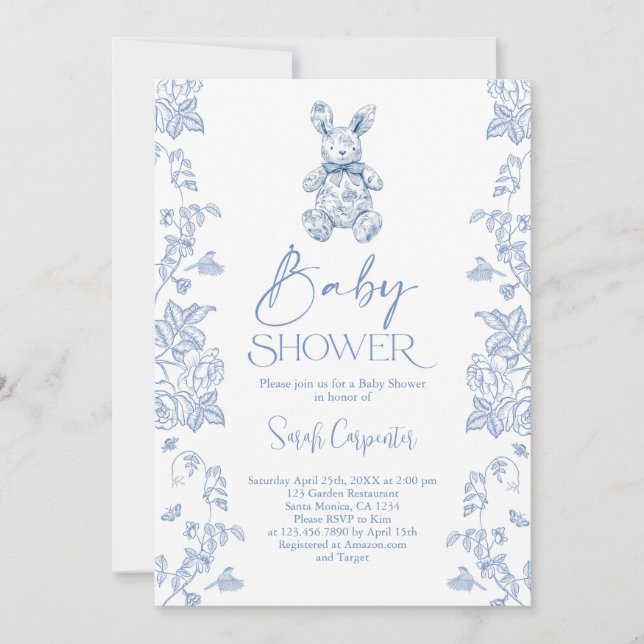 Toile De Jouy Bunny Baby Shower Boy Inbjudningar (Framsida)