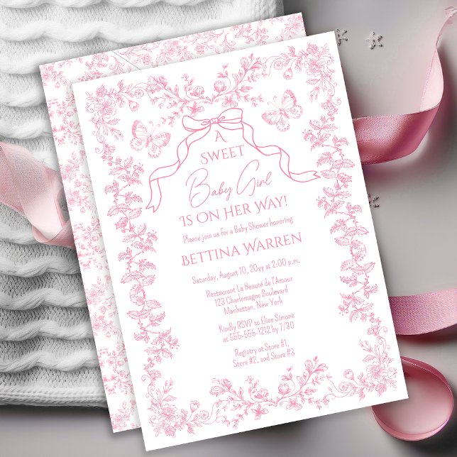 Toile de Jouy Chinoiserie Butterflies Baby Shower Inbjudningar ("A Sweet Baby Girl Is On Her Way!" Chinoiserie Toile de Jouy Butterflies Bow Girl Baby Shower Invite)