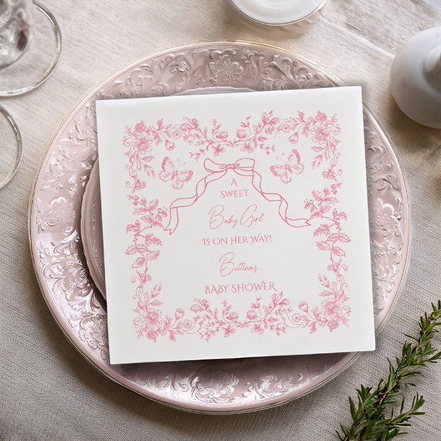 Toile de Jouy Chinoiserie Fjärilar Baby Shower  Pappersservett (Toile de Jouy Chinoiserie Butterflies Pink Baby Shower Napkins)