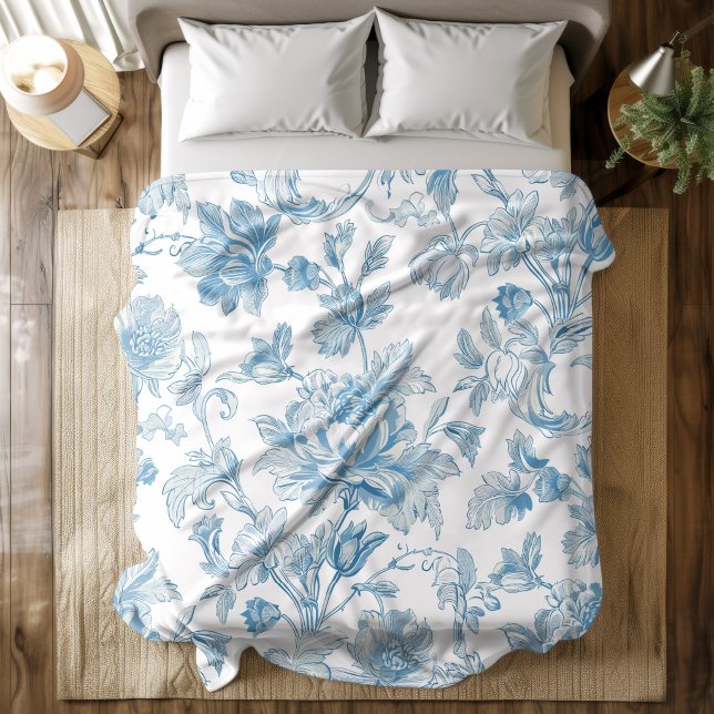 Toile-de-jouy Chinoiseries Blommönster i Blått Fleecefilt (Skapare uppladdad)