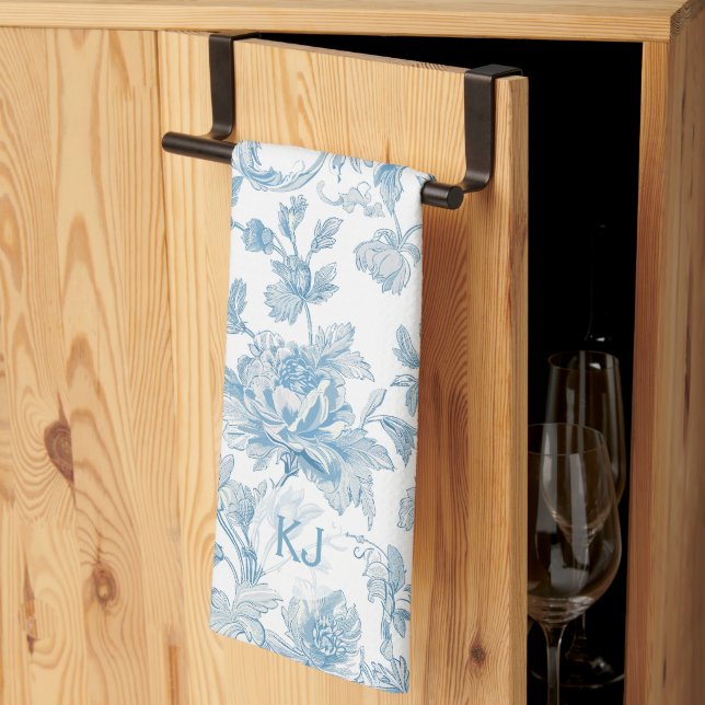 Toile-de-jouy Chinoiseries Blommönster i Blått Kökshandduk (Thirds Fold)