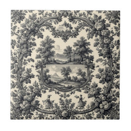 Toile De Jouy Countryside Floral Motif Monochrome  Kakelplatta