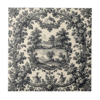Toile De Jouy Countryside Floral Motif Monochrome  Kakelplatta