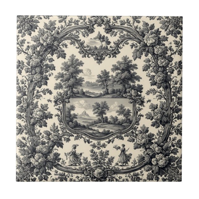 Toile De Jouy Countryside Floral Motif Monochrome  Kakelplatta (Framsidan)