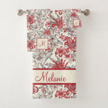 Toile de Jouy Deep Red och Grått Blommigt Lilies