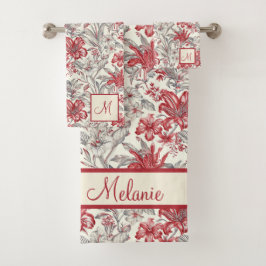 Toile de Jouy Deep Red och Grått Blommigt Lilies