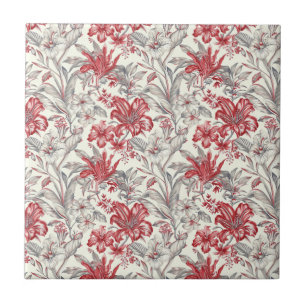 Toile de Jouy Deep Red och Subtle Grått Blommigt Kakelplatta