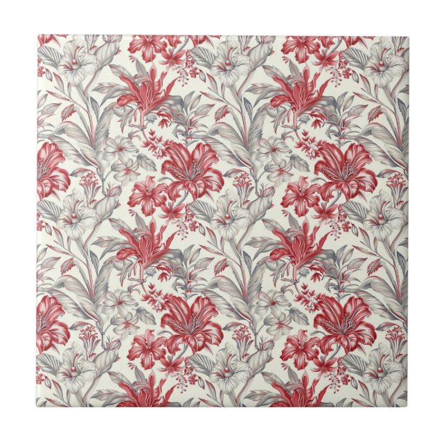 Toile de Jouy Deep Red och Subtle Grått Blommigt Kakelplatta (Framsidan)