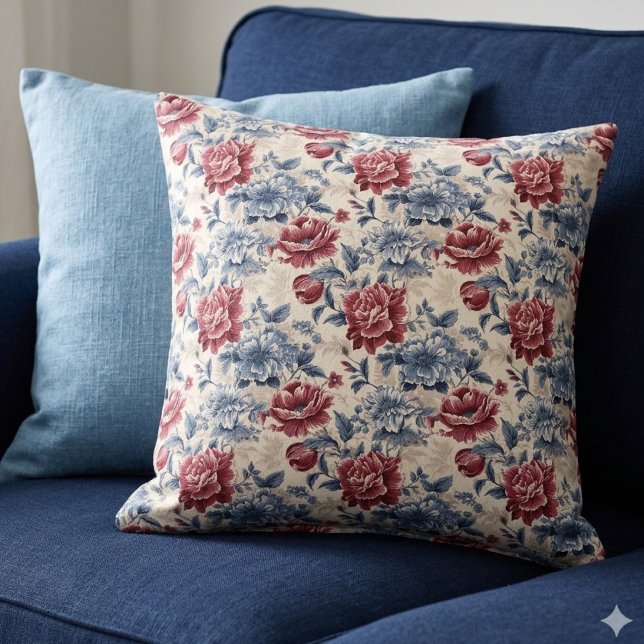 Toile de Jouy. Fransk toile. Blå och röda rosor. Kudde (Skapare uppladdad)