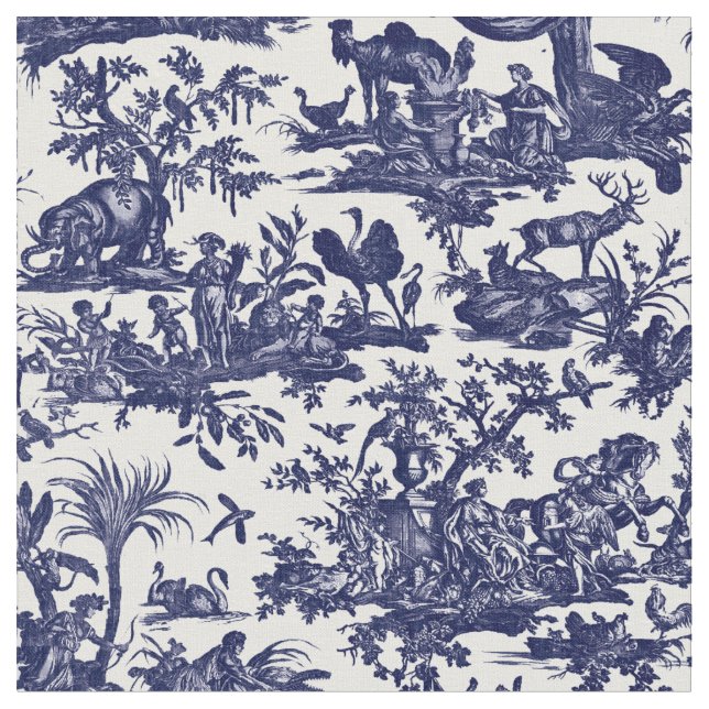 Toile de Jouy Fyra delar av världsblått mönster Tyg (Närbild)