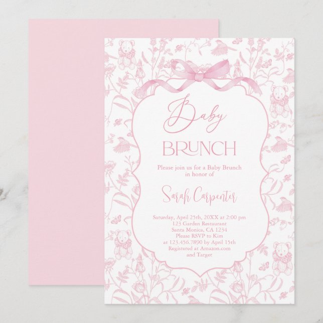 Toile De Jouy Girl Baby Shower Brunch med Bow Inbjudningar (Fram/baksida)