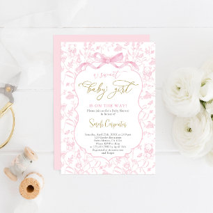 Toile De Jouy Girl Baby Shower with Bow Inbjudningar