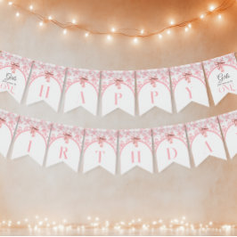 Toile de Jouy Girl Pink Bow First 1st Birthday Vimplar
