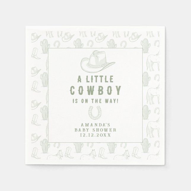 Toile de Jouy Grönt Cowboy Western Baby Shower Pappersservett (Framsidan)