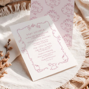 Toile de Jouy gunghäst Rosa Babyflicka dusch Inbjudningar