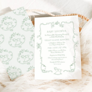 Toile de Jouy gunghäst Sage Green Barnrumsfirande Inbjudningar