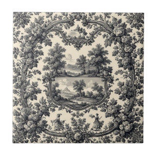 Toile De Jouy Landsbygd Blommotiv Monokrom  Kakelplatta